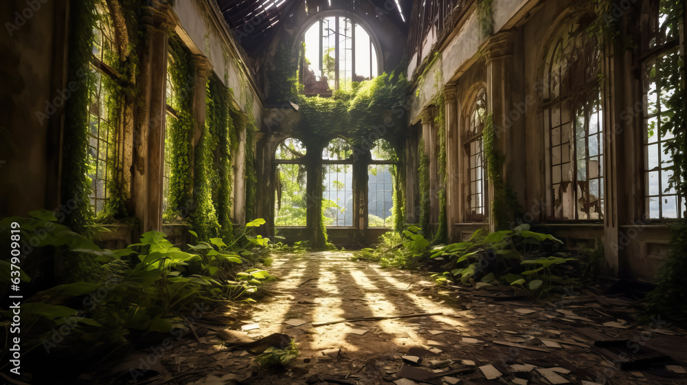 Obraz premium Abandoned and overgrown with greenery castle hall by AI