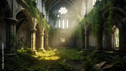 Abandoned and overgrown with greenery castle hall by AI