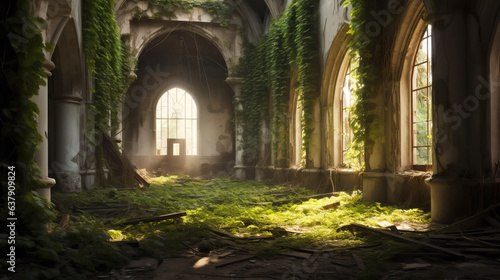 Abandoned and overgrown with greenery castle hall by AI