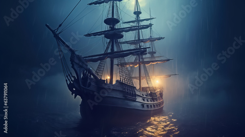 Mystical ship sails at foggy night sea by AI
