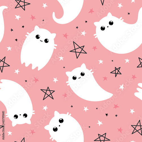 Halloween seamless pattern. Vector illustration of cute ghost cats on a pink background. Vector cartoon seamless pattern.