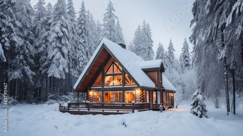 Snowy cabin in the forest. Beautiful illustration picture. Generative AI © standret