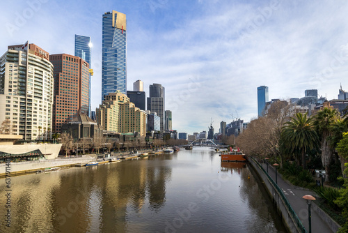 View from Princes Bridge on Yarra river in Melbourne city of south bank   pedestrian bridge.