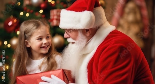 Cute girl getting gifts from Santa Clause on Christmas day - HQ stock picture