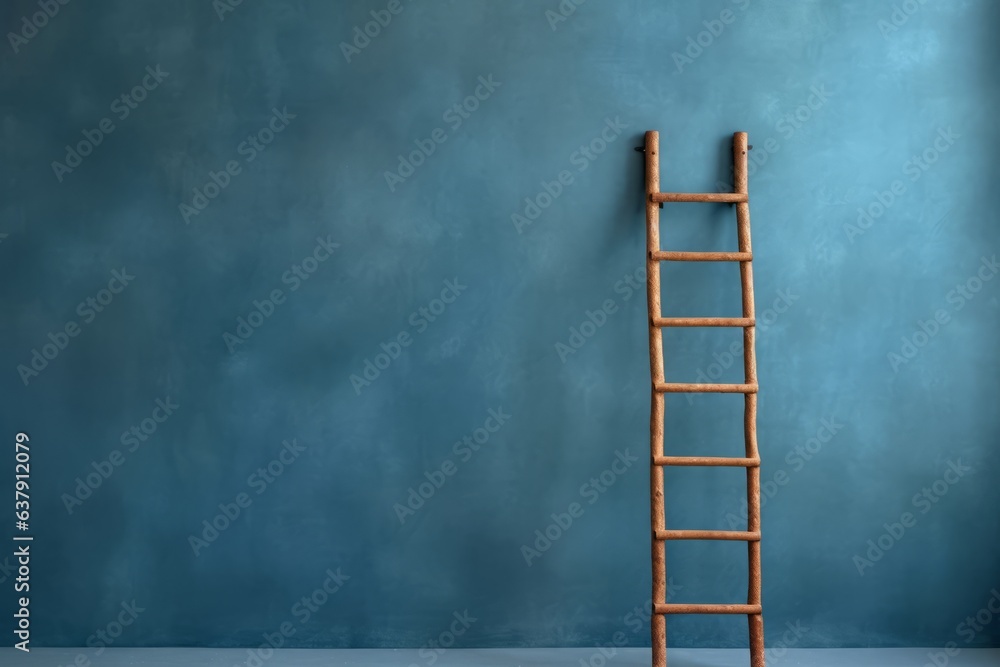 Wooden ladder against blue wall. Beautiful illustration picture. Generative AI