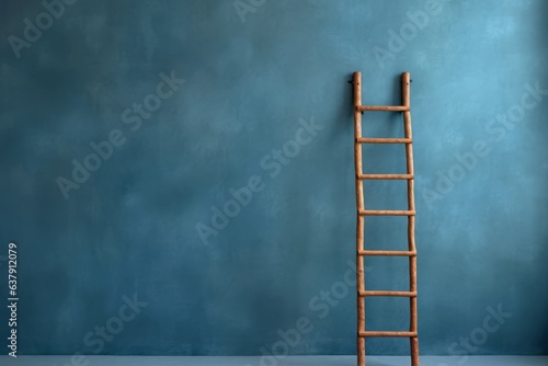 Wooden ladder against blue wall. Beautiful illustration picture. Generative AI