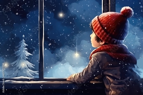 Kid looking through the window and are waiting for Santa - stock picture