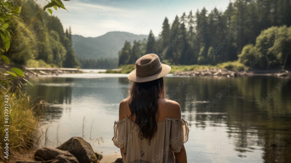 Rear view of young woman that is looking at the lake. Beautiful illustration picture. Generative AI Rear view of young woman that is looking at the lake. Beautiful illustration picture. Generative AI