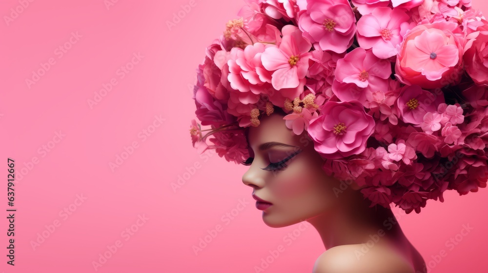 Abstract woman portrait with flowers over head. Beautiful illustration picture. Generative AI