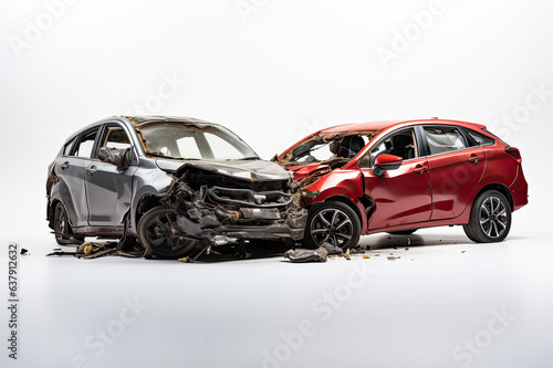 two Cars accident violently facing each other, on isolated white background Generative ai