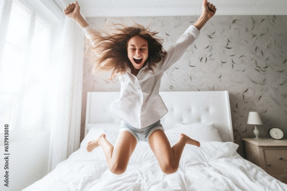 Young happy woman jumps on the bed - stock picture Young happy woman jumps on the bed - stock picture