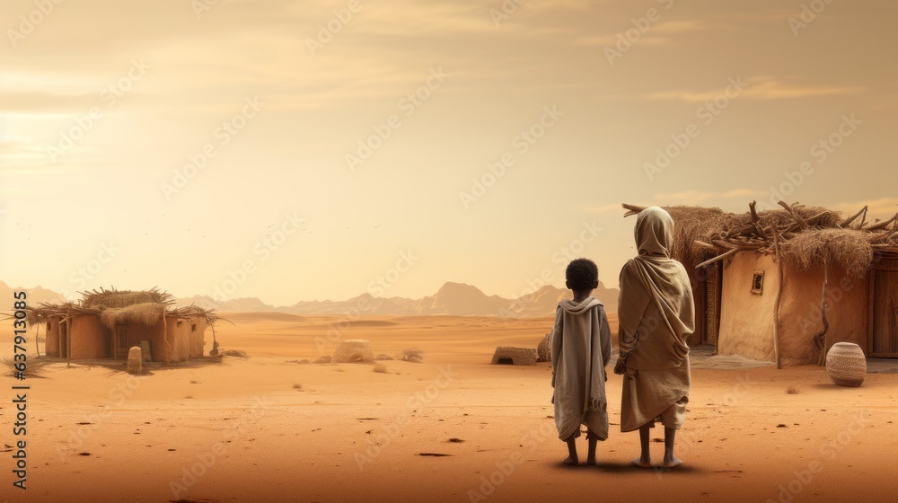 African kids in the desert. Beautiful illustration picture. Generative AI