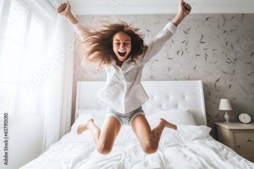 Young happy woman jumps on the bed - stock picture