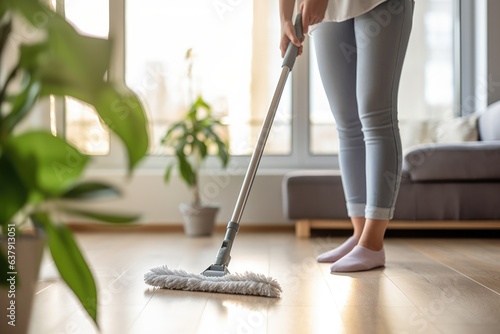 Young woman cleaning the floor of a modern living room - stock picture