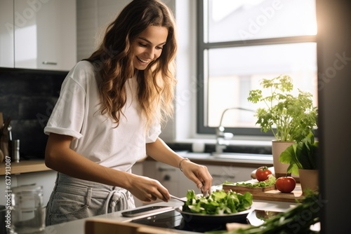 Young woman preparing dinner in a modern kitchen - stock picture