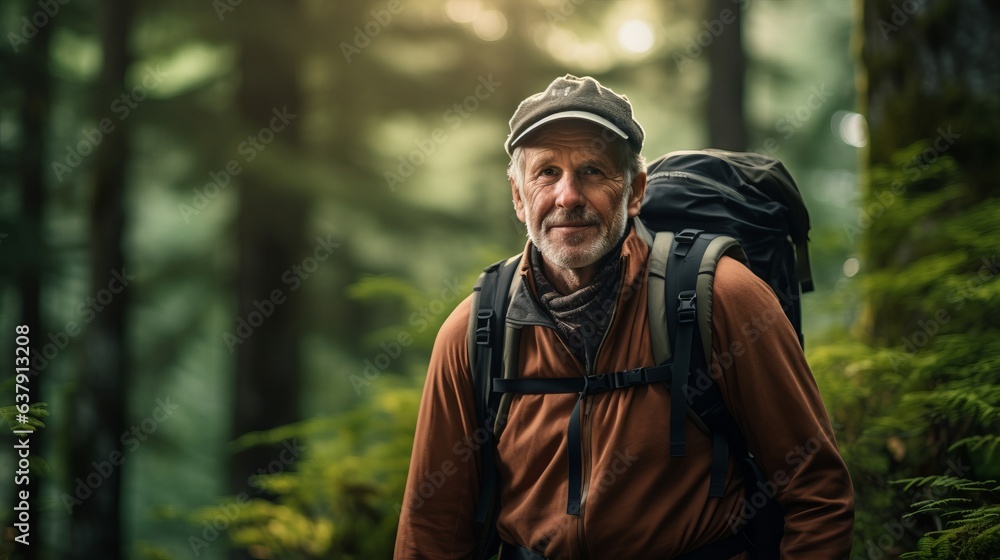 Old man is in the forest, tourist. Beautiful illustration picture. Generative AI Old man is in the forest, tourist. Beautiful illustration picture. Generative AI