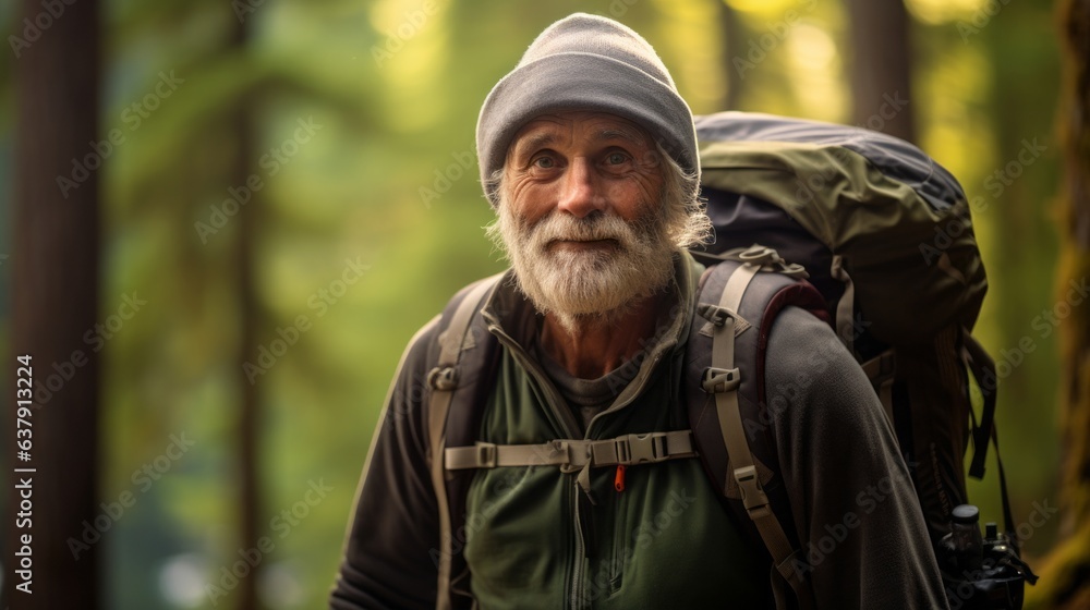 Old man is in the forest, tourist. Beautiful illustration picture. Generative AI Old man is in the forest, tourist. Beautiful illustration picture. Generative AI