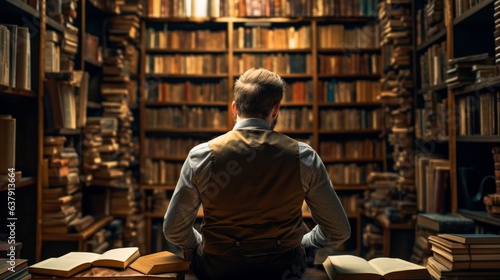 Adult man sits among bookshelves in library. Beautiful illustration picture. Generative AI