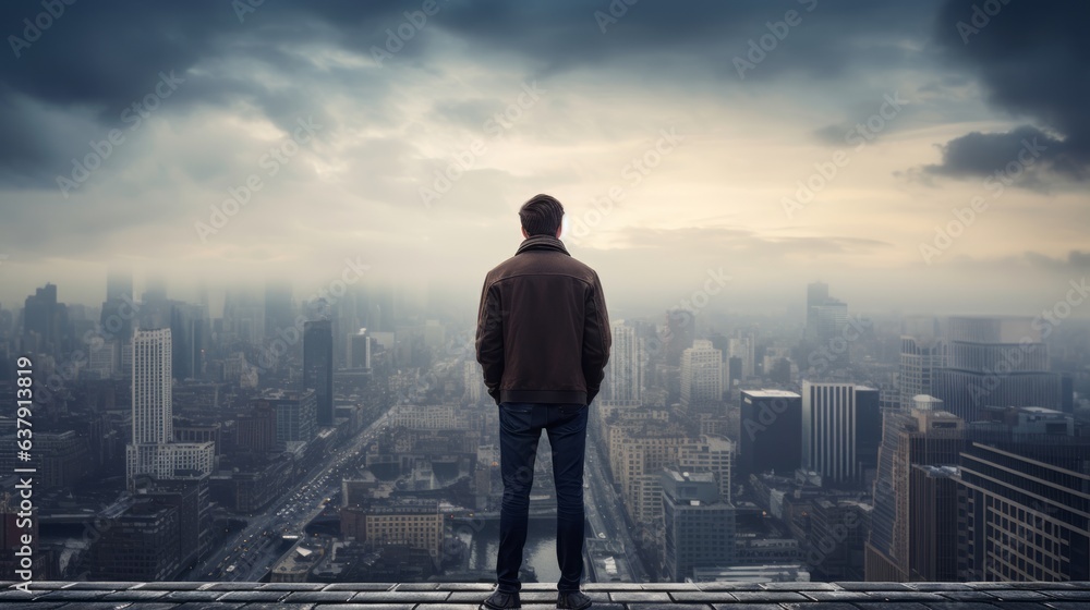 Man is standing on a rooftop and looking at cityscape. Beautiful illustration picture. Generative AI Man is standing on a rooftop and looking at cityscape. Beautiful illustration picture. Generative AI