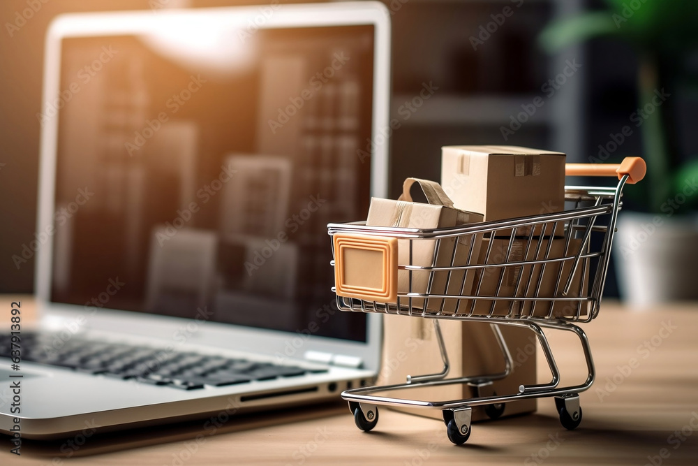Tiny shopping cart, parcels and laptop computer, delivery service, e-commerce, online shopping and marketplace concept.