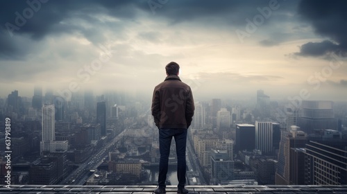 Man is standing on a rooftop and looking at cityscape. Beautiful illustration picture. Generative AI © standret