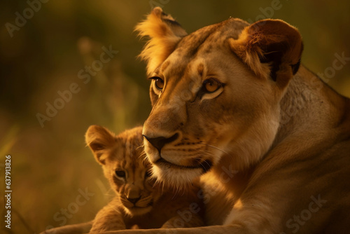 Lioness and lion cub hanging out at savanna grassland in the morning, mother and child close up shot, protecting wildlife concept.