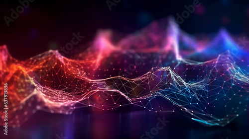 Neon glow low poly in red green and blue, digital and neural network concept futuristic technology abstract landscape background.