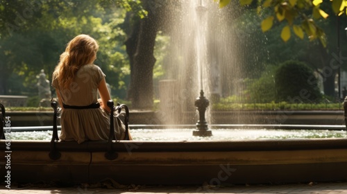 Woman is sitting on a park bench near the fountain. Beautiful illustration picture. Generative AI