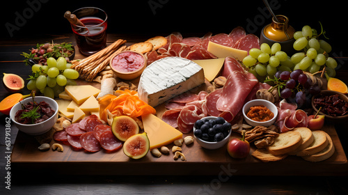 A wooden board overflows with an assortment of artisanal cheeses, cured meats, and fresh fruits. Every detail, from the marbling of the meats to the crumbly textures of the cheeses.