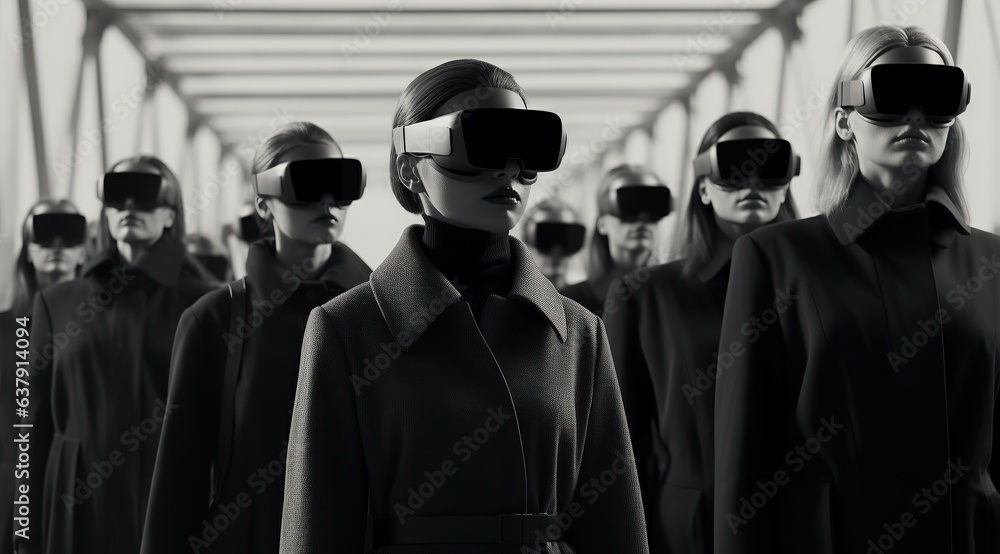 A group of fashion-forward women stand confidently in a futuristic monochrome street, wearing stylish virtual reality goggles and embracing the cutting-edge technology of the world - obrazy, fototapety, plakaty 