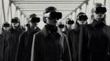 A group of fashion-forward women stand confidently in a futuristic monochrome street, wearing stylish virtual reality goggles and embracing the cutting-edge technology of the world