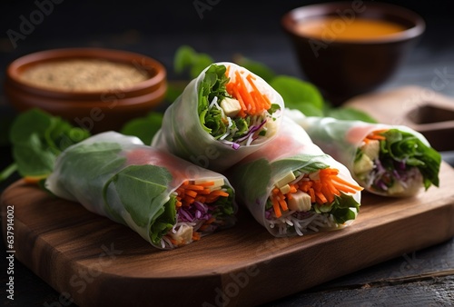 Fresh spring rolls with vegetables and sauce on the table