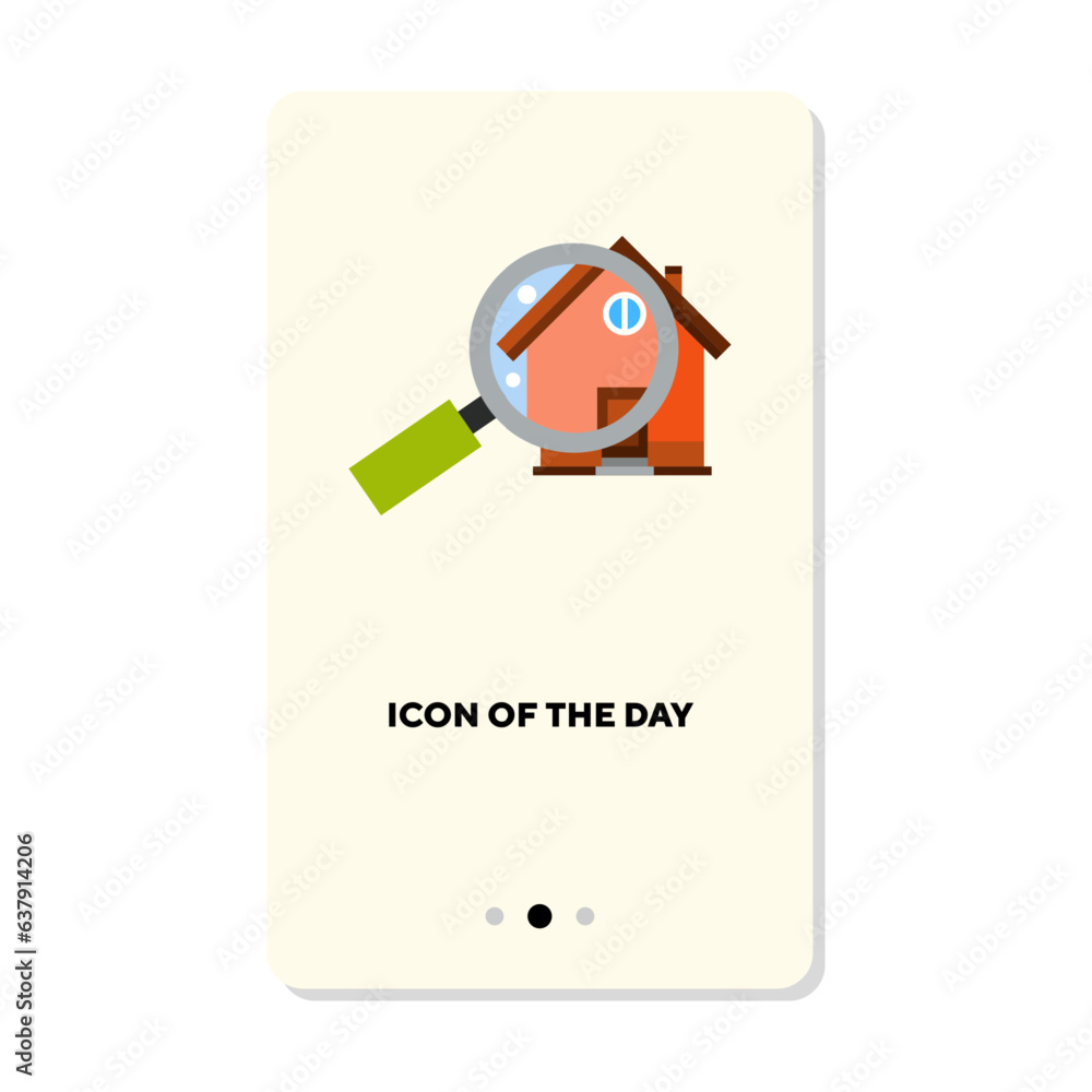 Naklejka premium House under magnifying glass flat icon. Buying, apartment isolated vector sign. Renting and accommodation concept. Vector illustration symbol elements for web design and apps