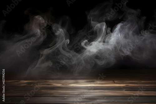 wooden table, smoke on black background