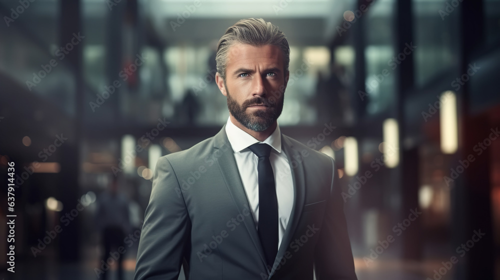 Male business portrait. Handsome successful confident caucasian senior male businessman in suit standing in office corridor