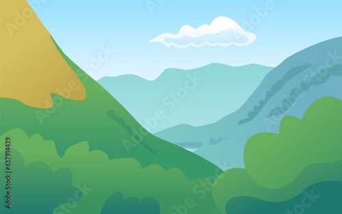 Scenic Summer Landscape with Mountains. Panoramic View in Flat Style. Vector Illustration.