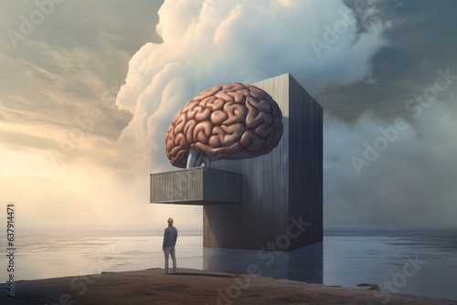 A man standing in front of a brain-shaped structure photo