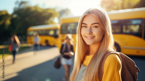 Happy student girl looking at camera with blurred school bus on background. Back to school.