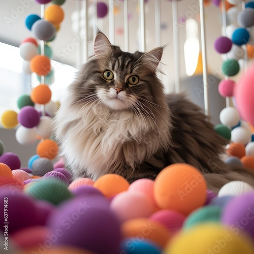 Cute siberian kitten, maine coon cat sitting on the floor and playing with colorful balls on floor at home © Zuyu