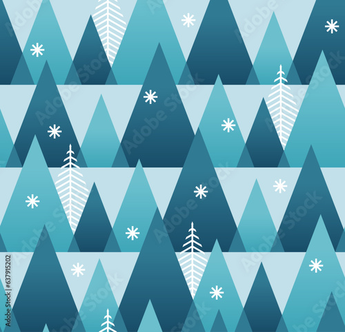 Winter seamless pattern with tree and snowflakes. Christmas design.