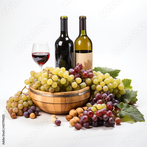 White and red wine with white and red grapes in a wooden cup isolated against a white background.