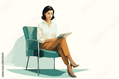 Psychologist female sitting on a chair with clipboard illustration. Therapy, mental health. Therapist, psychology female doctor.