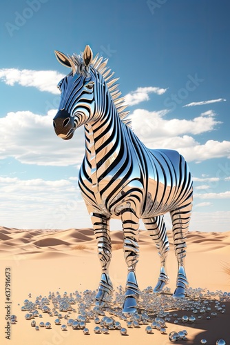 Gleaming Wildlife Illusion Wallpaper - A 3D Render of a Unique Zebra, Sculpted from Countless Mirror Fragments, Amidst the Sun-Scorched Desert - Beautiful Mirror Zebra created with Generative AI Techn