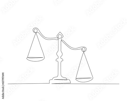 Continuous one line drawing of justice scale or law balance scale. Libra symbol outline vector illustration. Editable stroke. 