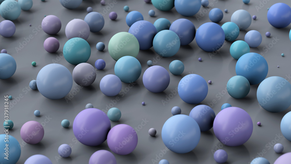 Group of blue, purple balls. Gray background. Abstract illustration, 3d render.