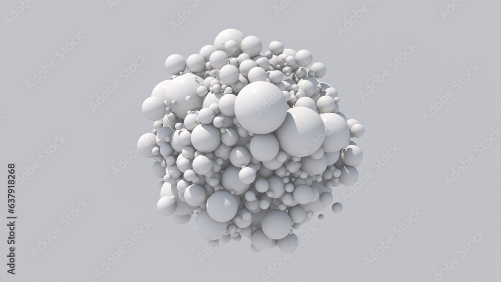 Group of white balls morphing. White background. Abstract monochrome illustration, 3d render. - obrazy, fototapety, plakaty 