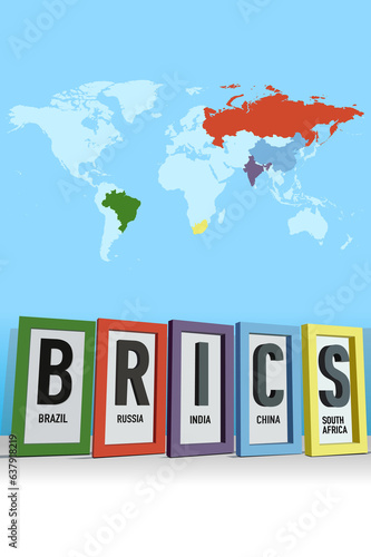 BRICS. Brazil, Russia, India, China and South Africa. Frames with the initial letters of the countries, colored frames and map representing the union of the economic group.