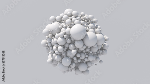 Group of white balls morphing. White background. Abstract monochrome illustration, 3d render.