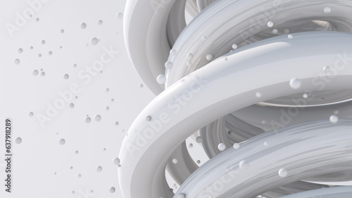 White spirals and particles. Abstract monochrome illustration, 3d render, close-up.