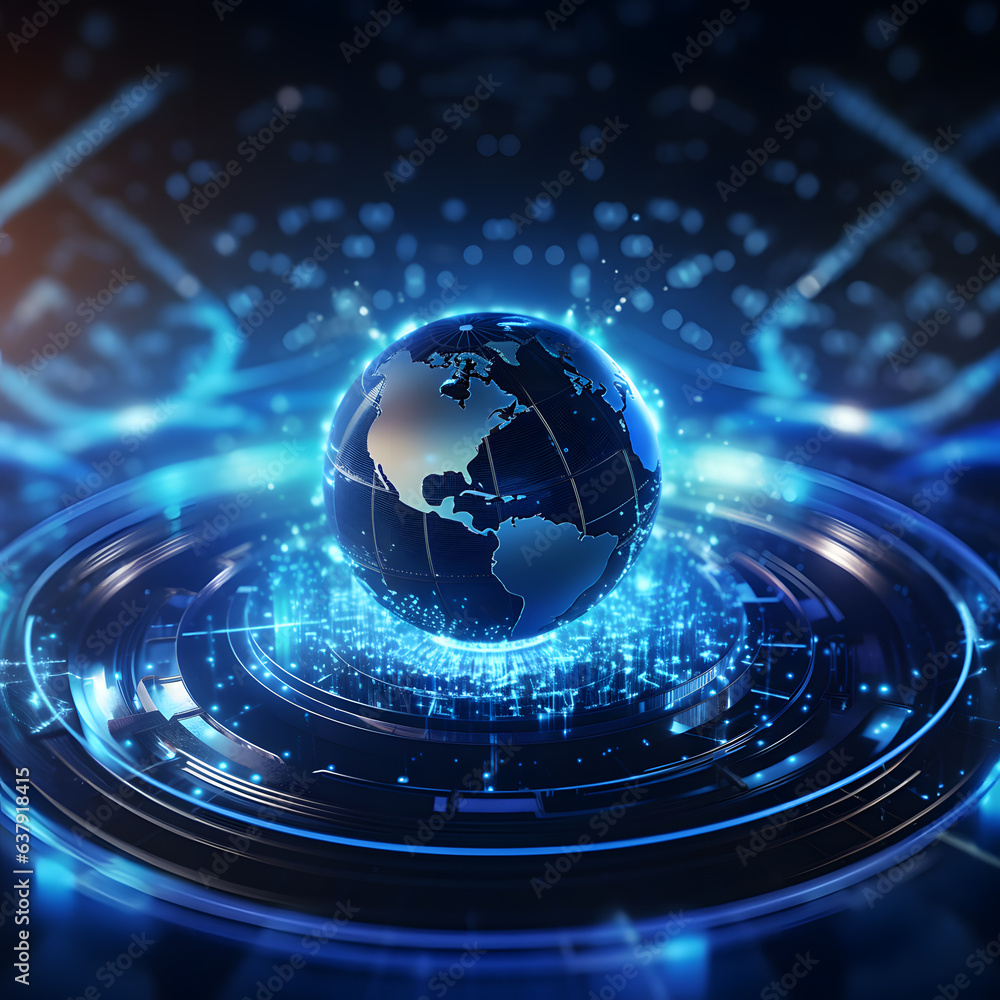 A blue earth background with futuristic technology, global connect everywhere concept, metaverse technology network digital communication and worldwide network, 3d illustration